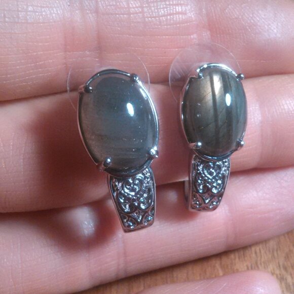 Madagascar Fire Labradorite Stainless Steel Solitaire Stud Earrings - Picture 1 of 14